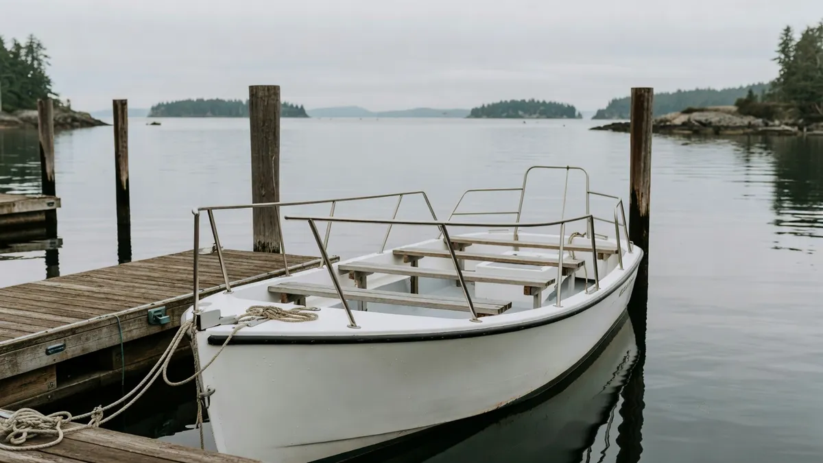Small whale watching charter boat moored in a Pacific Northwest harbour — smaller private vessels like this are far more likely to allow dogs on board
