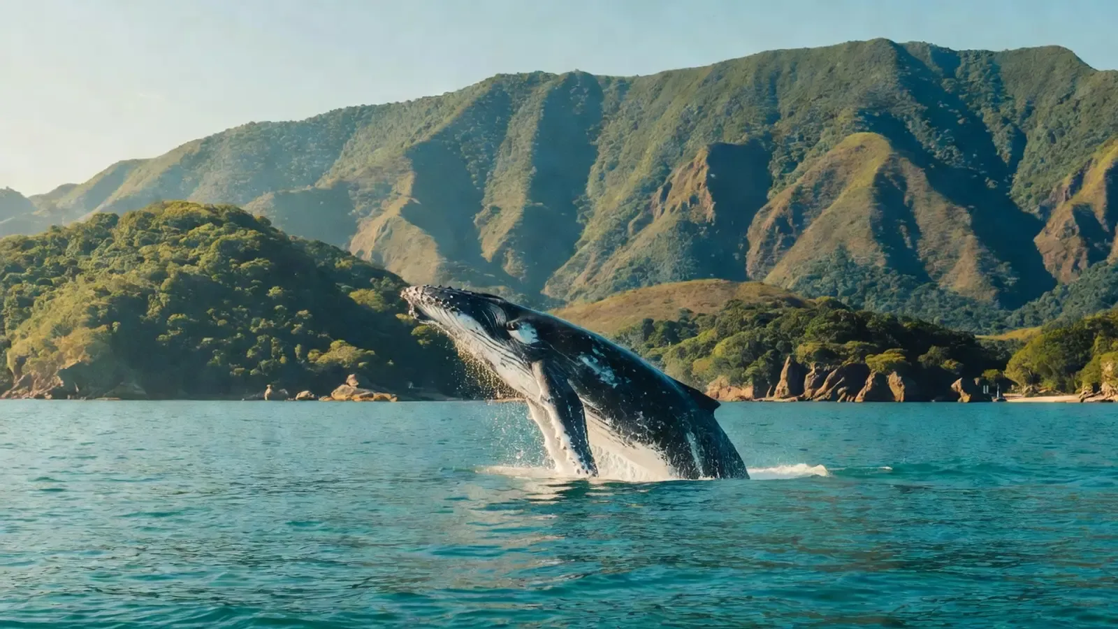 Aerial view of humpback whales and dolphins in Hawaiian waters on Maui whale watching tours