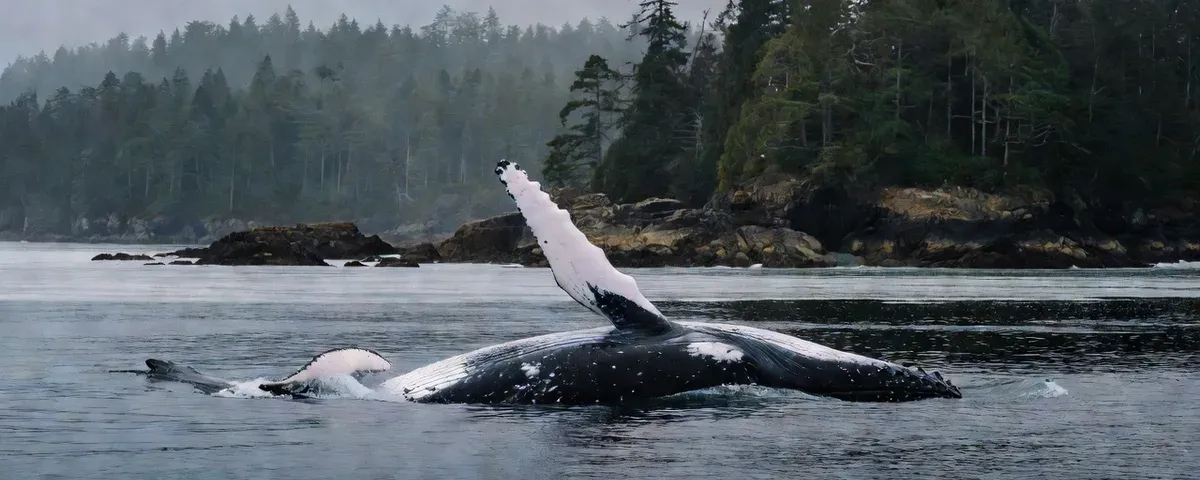Aerial view of humpback whales and dolphins in Hawaiian waters on Maui whale watching tours